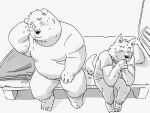  2022 anthro bed belly blush bottomwear canid canine canis clothing domestic_dog duo eyes_closed furniture hi_res humanoid_hands kemono male male/male mammal overweight overweight_male pants pommn_mn shirt sitting topwear ursid 