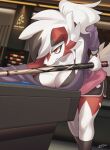  absurd_res anthro big_breasts billiard_table biped bra bracelet breasts cleavage clothed clothing detailed_background ear_piercing female hi_res jewelry lycanroc midnight_lycanroc nintendo piercing pok&eacute;mon pok&eacute;mon_(species) red_body red_eyes solo solo_focus underwear video_games white_body zinfyu 