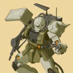  blue_eyes bmwsb0 drum_magazine feet_out_of_frame gun gundam gundam_msv highres holding holding_gun holding_weapon looking_at_viewer magazine_(weapon) mecha mecha_focus mobile_suit no_humans one-eyed radio_antenna robot science_fiction shoulder_spikes simple_background solo spikes weapon yellow_background zaku_ii zaku_minelayer zeon 