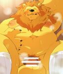  0119_muu 2022 anthro belly big_belly blush censored felid humanoid_hands kemono lion male mammal moobs musk navel nipples overweight overweight_male pantherine sitting solo 
