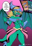  absurd_res anthro blonde_hair breasts claws clothed clothing dialogue dragon fangs female genitals green_body green_eyes hair hat headgear headwear hi_res loquillo66 nipples open_mouth partially_clothed pussy solo speech_bubble yu-gi-oh! 
