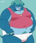  2022 absurd_res anthro belly big_belly blue_body bodily_fluids bulge canid canine clothing green_hair hair hi_res humanoid_hands kemono male mammal navel overweight overweight_male shirt solo sweat topwear underwear uokkom 