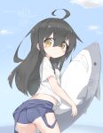  1girl ahoge ass black_hair blue_swimsuit blush brown_eyes cloud inflatable_shark inflatable_toy kantai_collection long_hair mikazuki_(kancolle) murabatodenki off_shoulder old_school_swimsuit one-piece_swimsuit outdoors school_swimsuit shirt short_sleeves sky solo swimsuit swimsuit_under_clothes thighs wading water white_shirt 