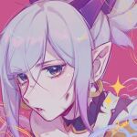  1girl absurdres artist_name bangs blush bruise bruise_on_face character_request earrings green_eyes hair_ornament highres injury jewelry league_of_legends parted_lips pink_background pink_hair pointy_ears ponytail portrait ruan_chen_yue shiny shiny_hair solo spirit_blossom_(league_of_legends) teeth 