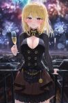  1girl aerial_fireworks alcohol black_dress blonde_hair blue_eyes blush bow breasts champagne champagne_flute cityscape cleavage cleavage_cutout clothing_cutout cup dress drinking_glass fireworks highres large_breasts long_sleeves medium_hair mountainous_horizon night night_sky outdoors railing sky sonchi standing steampunk_sogsonyeo_tamjeong_doeeossda yellow_bow 
