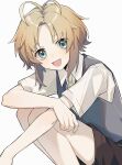  1boy blonde_hair blue_eyes blush heridy highres male_focus matome_(heridy) mole mole_under_eye open_mouth original shirt short_hair short_sleeves shorts smile socks solo vest white_background 