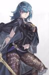  1girl blue_eyes blue_hair boots byleth_(fire_emblem) byleth_(fire_emblem)_(female) cape clothing_cutout dagger fire_emblem fire_emblem:_three_houses gradient gradient_background hashibiro_kou_(garapiko_p) highres holding holding_sword holding_weapon knee_guards knife navel navel_cutout pantyhose sword sword_of_the_creator weapon 