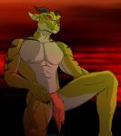  2022 abs anthro biceps black_stripes blizzard_entertainment bottomwear bulge claws clothed clothing digital_media_(artwork) dracthyr dragon finger_claws fingers glowing glowing_eyes green_body horn loincloth looking_aside male muscular muscular_anthro muscular_male nipples outside red_clothing red_eyes scalie sky solo striped_body stripes victory_clint video_games warcraft 