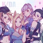  4girls absurdres ahri_(league_of_legends) akali artist_name bangs bare_shoulders black_hair blonde_hair blush breasts character_name detached_sleeves earrings elbow_gloves evelynn_(league_of_legends) facial_mark fingerless_gloves from_behind gloves grey_background grin hair_ornament hand_up highres jewelry k/da_(league_of_legends) k/da_all_out_ahri k/da_all_out_akali k/da_all_out_evelynn k/da_all_out_kai&#039;sa kai&#039;sa large_breasts league_of_legends long_hair medium_hair multiple_girls nail_polish one_eye_closed open_mouth pink_hair ponytail ruan_chen_yue shiny shiny_clothes shiny_hair skirt smile teeth tongue tongue_out upper_body v watermark whisker_markings 