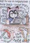  alarm_clock anthro beverage cerberus_(artist) clock coffee computer container cup domestic_cat dozing drowsy felid feline felis female laptop mammal not_big_and_not_clever profanity snow_(cerberus) thermos traditional_media_(artwork) watch 