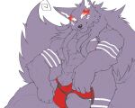 anthro bottomwear canid canine canis captainjohkid clothing fur hi_res loincloth male mammal muscular muscular_anthro muscular_male nipples purple_body purple_fur solo tattoo wolf 
