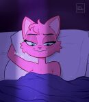  anthro bed bed_sheet bedding bite biting_lip biting_own_lip canid canine canis digital_media_(artwork) female fox fur furniture implied_nudity lexi_beetz lexibeetz looking_pleasured lying lying_on_bed mammal masturbation moan on_bed pillow pink_body pink_fur self_bite simple_background smile solo teeth 