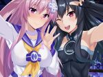  2girls bare_shoulders black_hair blush breasts choker d-pad d-pad_hair_ornament dress fignya frilled_shirt_collar frills hair_between_eyes hair_ornament happy long_hair looking_at_viewer medium_breasts multiple_girls nepgear neptune_(series) open_mouth purple_eyes purple_hair red_eyes sleeveless sleeveless_dress small_breasts smile uni_(neptune_series) upper_body waving 