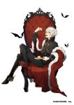  1boy alternate_costume bags_under_eyes bat_(animal) black_footwear boots cape ear_piercing eating food full_body fur-trimmed_cape fur_trim grey_hair holding holding_plate holding_spoon kiragera kuzuha_(nijisanji) long_sleeves looking_at_viewer male_focus mole mole_under_eye nail_polish nijisanji official_art piercing plate pointy_ears pudding red_eyes simple_background sitting spoon thigh_boots throne vampire white_background 