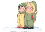 2boys bakugou_katsuki black_footwear blonde_hair blush boku_no_hero_academia child closed_mouth coat commentary_request freckles fur-trimmed_hood fur_trim green_coat green_eyes green_hair highres holding_strap hood long_sleeves male_child male_focus midoriya_izuku mittens multiple_boys red_eyes red_footwear red_mittens short_hair simple_background snot spiked_hair standing ujooo white_background yellow_bag yellow_coat younger 