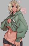  1girl agawa_ryou artist_name bangs black_shorts blonde_hair blue_eyes breasts clothes_pull dark-skinned_female dark_skin dated english_commentary green_hoodie hood hoodie hoodie_lift looking_at_viewer medium_hair navel no_bra original pubic_tattoo short_shorts shorts shorts_pull signature solo stomach tattoo tongue tongue_out underboob 