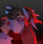  absurd_res anthro bodily_fluids breasts canid claws dragon duo female fur hair hi_res horn hybrid licking male male/female mammal nude open_mouth ranadi simple_background tongue tongue_out 
