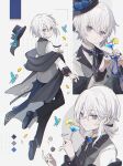  1boy androgynous blue_eyes bug butterfly coat cocktail_glass cup dice drinking drinking_glass full_body glass hat highres jewelry long_sleeves looking_at_viewer male_focus multicolored_eyes namiki_itsuki original otoko_no_ko purple_eyes ring scarf short_hair solo white_background white_hair 