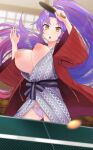  1girl ass_visible_through_thighs ball bangs blurry blurry_background blush bouncing_breasts breasts breasts_out brown_eyes cameltoe commentary commission cowboy_shot eyebrows_hidden_by_hair grey_kimono haori holding holding_paddle indoors japanese_clothes kamael_(monster_strike) kimono kinakosuki large_breasts long_hair looking_at_viewer monster_strike motion_blur motion_lines multicolored_hair nipples open_mouth paddle paid_reward_available panties parted_bangs patterned_clothing ponytail puffy_nipples purple_hair purple_panties red_hair skeb_commission solo standing streaked_hair sweat table_tennis table_tennis_ball table_tennis_paddle thighs two-tone_hair underwear v-shaped_eyebrows wardrobe_malfunction yukata 