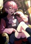  1boy aruminsuko blush crossed_legs fang highres long_sleeves looking_at_viewer male_focus open_mouth orange_eyes original pink_hair short_hair shorts sitting socks solo sweatdrop thigh_strap throne 