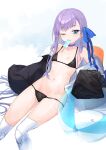  1girl ball beachball bikini black_bikini blue_choker blue_eyes breasts choker coat coffeekite fate/grand_order fate_(series) hair_ribbon highres long_hair meltryllis_(fate) meltryllis_(swimsuit_lancer)_(fate) navel one_eye_closed open_clothes open_coat popsicle_in_mouth prosthesis prosthetic_leg purple_hair ribbon sleeves_past_fingers sleeves_past_wrists small_breasts swimsuit 