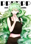  1girl black_pants character_name copyright_name earrings green_eyes green_hair hair_between_eyes hand_up highres jewelry long_hair looking_at_viewer messy_hair midriff otogami_mimin pants pppppp simple_background smile solo standing utsuginoki very_long_hair wavy_hair white_background 