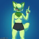 absurd_res andromorph anthro boxers_(clothing) boxers_only clothing colored_nails felid feline fur gesture green_body green_fur hi_res intersex male mammal middle_finger nails nintendo parkwillbark pok&eacute;mon pok&eacute;mon_(species) solo sprigatito trans_(lore) trans_man_(lore) underwear video_games 