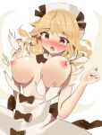  1girl :o bangs blonde_hair blush breasts bursting_breasts dress fang fujiko_(emnprmn) highres luna_child nipples open_mouth red_eyes short_hair simple_background skin_fang solo torn_clothes torn_dress touhou white_background white_dress white_headwear 