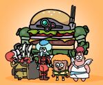  4boys afei_(sfma3248) afro armored_trooper beard black_cape black_eyes blue_eyes blue_hair bodysuit bouleuse_gotho bouleuse_gotho_(cosplay) burger cape chirico_cuvie chirico_cuvie_(cosplay) coconna coconna_(cosplay) cosplay dress facial_hair fake_wings food green_jumpsuit grey_hair highres jacket jumpsuit mecha mr._krabs multiple_boys orange_background orange_bodysuit orange_hair pants patrick_star pilot_suit red_hair robot scope short_hair smile soukou_kihei_votoms spongebob_squarepants spongebob_squarepants_(series) squidward_tentacles vanila_varta vanila_varta_(cosplay) white_dress wings yellow_jacket yellow_pants 