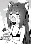  1girl animal_ear_fluff animal_ears bare_shoulders bikini blush breasts cat_ears cat_girl closed_eyes fang food greyscale highres little_witch_nobeta long_hair meme micro_bikini monochrome official_art phyllis_(human)_(little_witch_nobeta) phyllis_(little_witch_nobeta) skin_fang small_breasts solo swimsuit t_t tears uohhhhhhhhh!_(meme) upper_body very_long_hair 