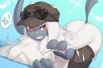  absol ambiguous_gender anthro ass_up bandage_on_nose biped clothing eyewear front_view glasses hat headgear headwear hi_res looking_at_viewer nintendo pok&eacute;mon pok&eacute;mon_(species) red_eyes simple_background solo solo_focus speech_bubble video_games white_body zinfyu 