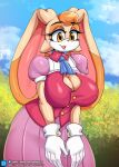 2022 5_fingers anthro big_breasts breasts cleavage clothed clothing dress female fingers gloves hair handwear hi_res huge_breasts kyodashiro lagomorph leporid long_ears mammal mature_anthro mature_female open_mouth open_smile orange_hair outside rabbit sega smile solo sonic_the_hedgehog_(series) vanilla_the_rabbit white_clothing white_gloves white_handwear yellow_eyes 