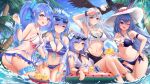  5girls absurdres alternate_costume azur_lane bikini breasts cleavage day eagle_union_(emblem) english_commentary enterprise_(azur_lane) essex_(azur_lane) food_print grim_(azur_lane) helena_(azur_lane) highres innertube kyl490 long_hair manjuu_(azur_lane) multiple_girls new_jersey_(azur_lane) palm_tree partially_submerged st._louis_(azur_lane) swimsuit tree volleyball watermelon_print 