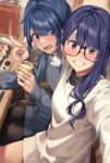  2girls alcohol arm_around_shoulder banana_oekaki black-framed_eyewear black_pantyhose black_shirt blue_hair blue_sweater blush brown_eyes chopsticks collared_shirt commentary cup eyes_visible_through_hair fangs fingernails glasses grin hair_over_shoulder highres holding holding_cup ice ice_cube indoors jewelry long_fingernails long_hair looking_at_viewer menu multiple_girls necklace oogaki_chiaki open_mouth pantyhose plate purple_eyes purple_hair restaurant selfie shima_rin shirt short_hair shrimp sidelocks sitting smile sweater towel v white_shirt white_sweater yurucamp 