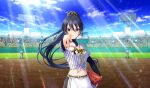  1girl 2boys ball baseball_(object) baseball_mitt baseball_stadium belt black_hair black_undershirt cinderella_series closed_mouth crowd film_grain game_cg hachigatsu_no_cinderella_nine hair_between_eyes hair_ornament hair_scrunchie hanshin_koshien_stadium hanshin_tigers high_ponytail highres holding holding_ball layered_sleeves lens_flare light_particles light_rays long_hair long_sleeves looking_at_viewer multiple_boys navel non-web_source official_alternate_hairstyle official_art outdoors pointing pointing_at_viewer red_eyes screen_zoom scrunchie shinonome_ryo shirt shirt_under_shirt short_over_long_sleeves short_sleeves skirt striped_clothes striped_shirt sunbeam sunlight tied_shirt v-shaped_eyebrows vertical-striped_clothes vertical-striped_shirt very_long_hair 