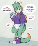  backpack canid canine clothing confusion container cup diaper duo english_text fur green_body green_fur hi_res hoodie male mammal purple_eyes solo_focus spacefluuff speech_bubble text topwear 