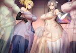  1boy 4girls bar_censor black_gloves blonde_hair blue_dress blue_eyes breasts bulge censored closed_mouth dress elbow_gloves erection erection_under_clothes fellatio futa_on_male futa_with_male futanari gloves green_dress grey_hair hair_ornament large_breasts long_hair multiple_girls multiple_penises nipples open_mouth oral original penis ponytail sidelocks smile standing strapless strapless_dress testicles thighhighs ubanis white_dress white_gloves x-ray 