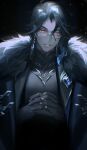  1boy absurdres bangs black_gloves black_hair coat colored_skin fur-trimmed_coat fur_trim genshin_impact glasses gloves grey_skin highres limart looking_at_viewer male_focus own_hands_clasped own_hands_together pantalone_(genshin_impact) red_eyes semi-rimless_eyewear short_hair smile under-rim_eyewear upper_body 