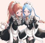  2girls absurdres apron black_dress black_thighhighs blue_eyes brown_hair cup dress felicia_(fire_emblem) fire_emblem fire_emblem_fates flora_(fire_emblem) frills highres holding holding_cup jewelry long_hair long_sleeves maid maid_apron maid_headdress multiple_girls okazu2010015 ponytail siblings skirt tea teacup teapot thighhighs twins twintails zettai_ryouiki 