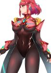  absurdres adapted_costume bangs bodysuit breasts chest_jewel earrings fingerless_gloves gloves highres jewelry large_breasts pyra_(xenoblade) red_eyes red_hair short_hair simple_background solo swept_bangs tiara white_background xenoblade_chronicles_(series) xenoblade_chronicles_2 yuda_nf 