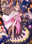  1girl barefoot character_request duel_monster floating_skull holding holding_scythe horns ishii_(young-moon) japanese_clothes kimono long_hair long_sleeves off_shoulder pink_hair pink_kimono red_eyes scythe terrors_of_the_netherroot very_long_hair wide_sleeves yu-gi-oh! 