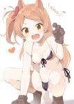  1girl :d animal_ears animal_hands bare_shoulders bikini black_bikini blush brown_eyes brown_footwear brown_gloves brown_hair cameltoe commentary_request fang front-tie_bikini_top front-tie_top fur-trimmed_gloves fur_trim gloves hand_up highres idolmaster idolmaster_million_live! kemonomimi_mode long_hair makuran nipples ogami_tamaki one_breast_out one_side_up paw_gloves paw_shoes side-tie_bikini_bottom simple_background smile solo squatting swept_bangs swimsuit tail tiptoes v-shaped_eyebrows very_long_hair white_background 