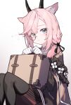  1girl absurdres animal_ears arknights beudelb character_request gloves goat_ears goat_girl goat_horns highres horns looking_at_viewer medium_hair monocle pink_hair ponytail simple_background sitting solo suitcase white_background white_gloves 