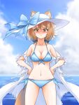  1girl animal_ears bikini blue_bikini blush breasts brown_eyes brown_hair hands_on_own_hips hat highres italian_wolf_(kemono_friends) kemono_friends large_breasts looking_at_viewer multicolored_hair naka_(nicovideo14185763) ocean solo swimsuit tail white_hair wolf_ears wolf_girl wolf_tail 