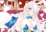  1girl animal_ears azur_lane blue_bow blue_bowtie blue_leotard blush bow bowtie braid breasts butterfly_hair_ornament cigarette_pack cleavage closed_mouth collar detached_collar fake_animal_ears frilled_leotard frills glass gloves green_eyes groin hair_ornament hair_over_one_eye highres holding holding_tray large_breasts leotard lighter long_hair looking_at_viewer louisville_(an_order_of_dreams)_(azur_lane) louisville_(azur_lane) lying marker_(medium) official_alternate_costume on_side pantyhose pink_hair playboy_bunny rabbit_ears shin_kun30 solo strapless strapless_leotard traditional_media tray twitter_username very_long_hair white_collar white_gloves white_pantyhose 