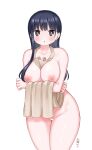  1girl :o apron artist_name bar_censor between_breasts blue_hair blunt_bangs blush boku_no_kokoro_no_yabai_yatsu breasts breasts_squeezed_together brown_eyes censored collarbone dark_blue_hair highres large_breasts long_hair looking_at_viewer mole mole_on_neck multiple_moles naked_apron nipples simple_background solo thick_thighs thighs white_apron white_background yamada_anna zeroasann 