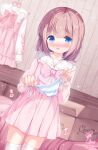  1boy artist_name bedroom blue_eyes blurry blurry_background blush bow breasts chinomaron dress eyebrows_hidden_by_hair frills hair_between_eyes hands_up highres holding holding_clothes holding_panties holding_underwear indoors lace_trim long_hair long_sleeves looking_at_viewer nose_blush original otoko_no_ko panties pink_bow pink_dress pink_hair ribbon-trimmed_panties signature small_breasts solo standing striped striped_panties thighhighs underwear white_thighhighs wooden_wall 