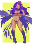  1girl 333_(dqqqdle) bird_legs bird_tail blush breasts dark-skinned_female dark_skin feathered_wings feathers flower full_body hair_flower hair_ornament hand_on_own_hip harpy highres large_breasts liquid_hair monster_girl navel original pointy_ears pubic_hair purple_eyes purple_hair purple_tail purple_wings solo swimsuit tail talons winged_arms wings 