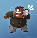 4_fingers angry animal_crossing anthro belly bottomwear brown_body clothing eulipotyphlan fingers hat headgear headwear hi_res humanoid_hands male mammal marimosgoldfish mole_(animal) mr._resetti nintendo open_mouth overweight overweight_male pants simple_background solo