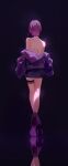  1girl a-soul absurdres back carol_(a-soul) dark_background facing_away full_body high_heels highres jacket off_shoulder pencil_skirt purple_footwear purple_hair purple_jacket purple_skirt reflective_floor short_hair skirt solo sparkle thigh_strap virtual_youtuber zzz_zhi_he 